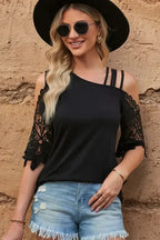 Black Lace Splicing Strappy Cold Shoulder Top - Fashionfitz