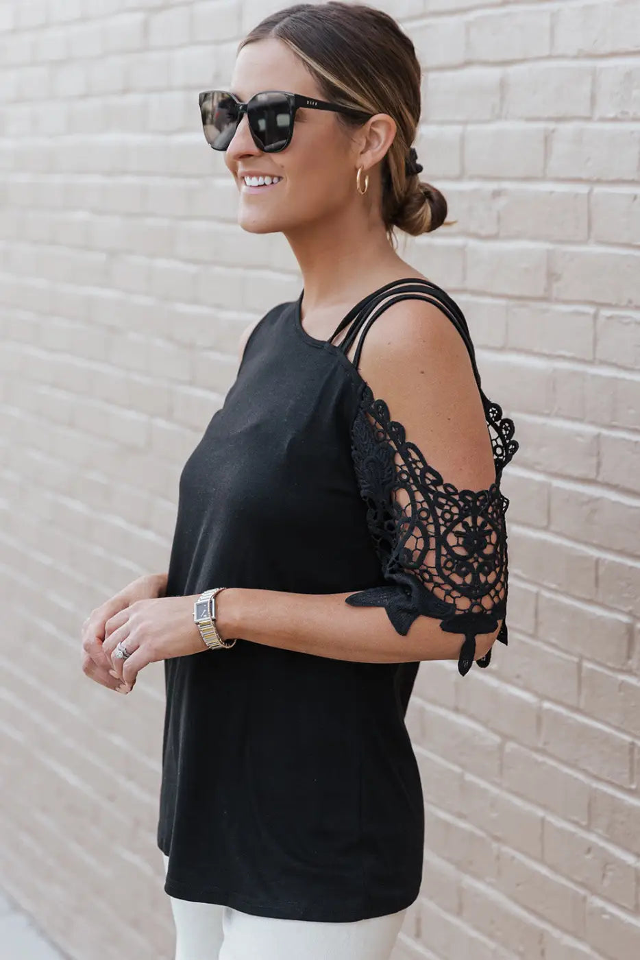 Black lace splicing strappy cold shoulder top - t-shirts