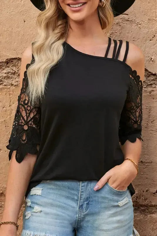 Black Lace Splicing Strappy Cold Shoulder Top - Fashionfitz