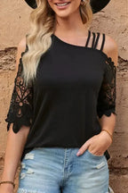 Black Lace Splicing Strappy Cold Shoulder Top - Fashionfitz