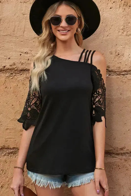 Black Lace Splicing Strappy Cold Shoulder Top - Fashionfitz