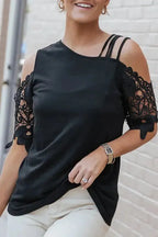 Black Lace Splicing Strappy Cold Shoulder Top - Fashionfitz
