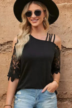 Black Lace Splicing Strappy Cold Shoulder Top - Fashionfitz