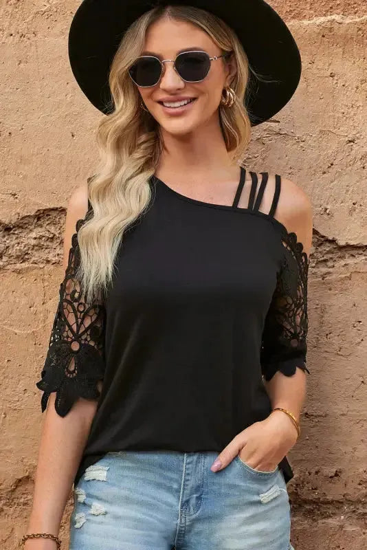 Black Lace Splicing Strappy Cold Shoulder Top - Fashionfitz