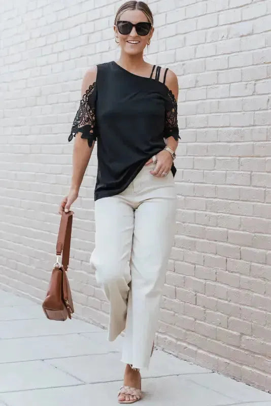 Black Lace Splicing Strappy Cold Shoulder Top - Fashionfitz