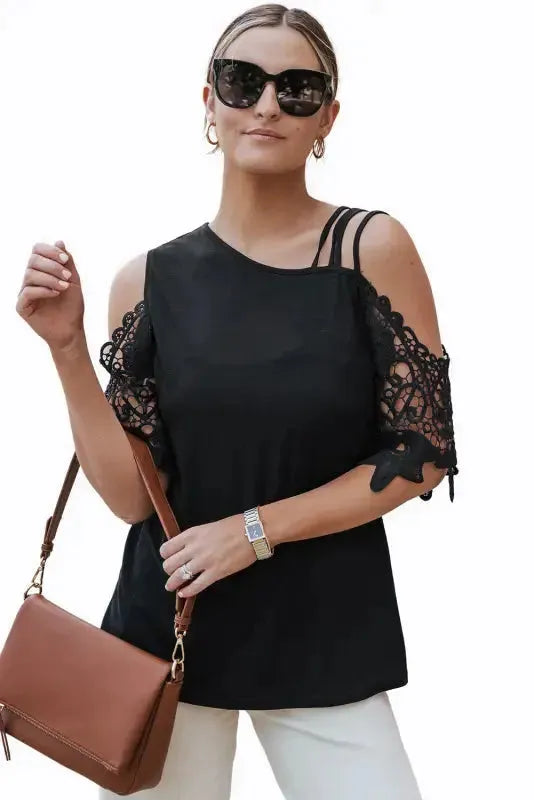 Black Lace Splicing Strappy Cold Shoulder Top - Fashionfitz