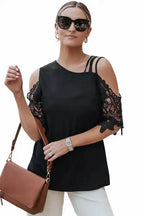 Black Lace Splicing Strappy Cold Shoulder Top - Fashionfitz