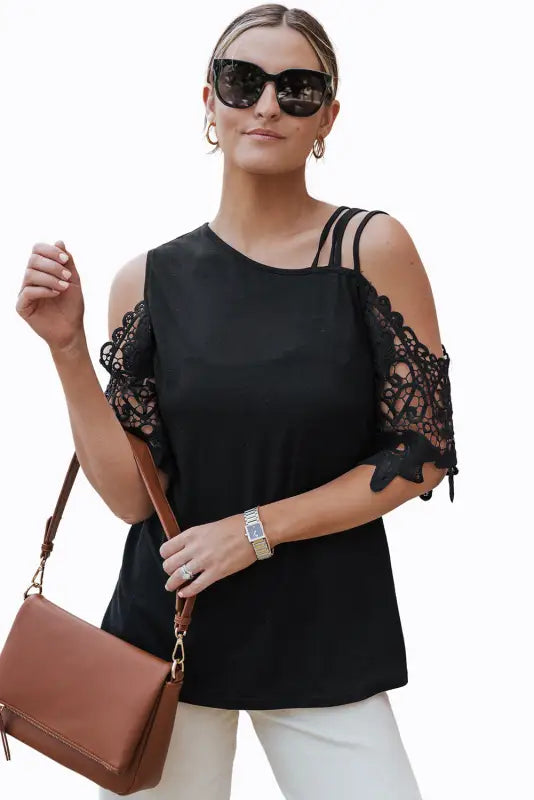 Black lace splicing strappy cold shoulder top - t-shirts