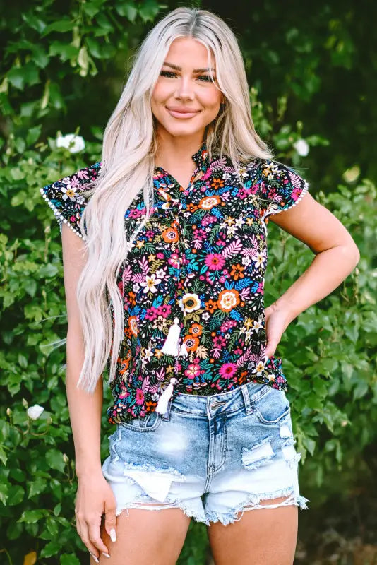 Black lace trim floral blouse - tops/blouses & shirts