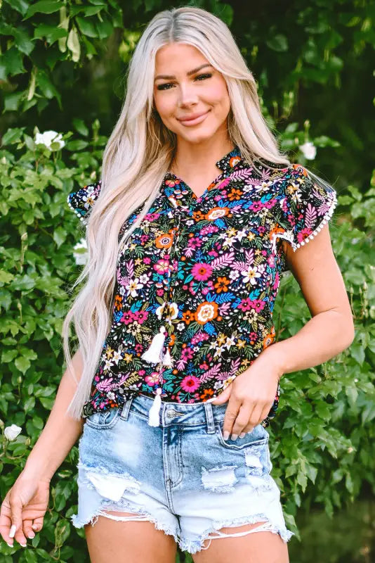 Black lace trim floral blouse - tops/blouses & shirts