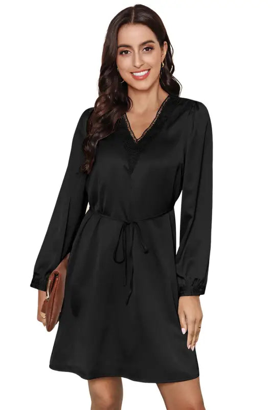 Black lace trim v neck tie waist long sleeve dress - mini dresses