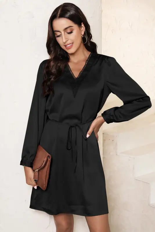 Black lace trim v neck tie waist long sleeve dress - mini dresses