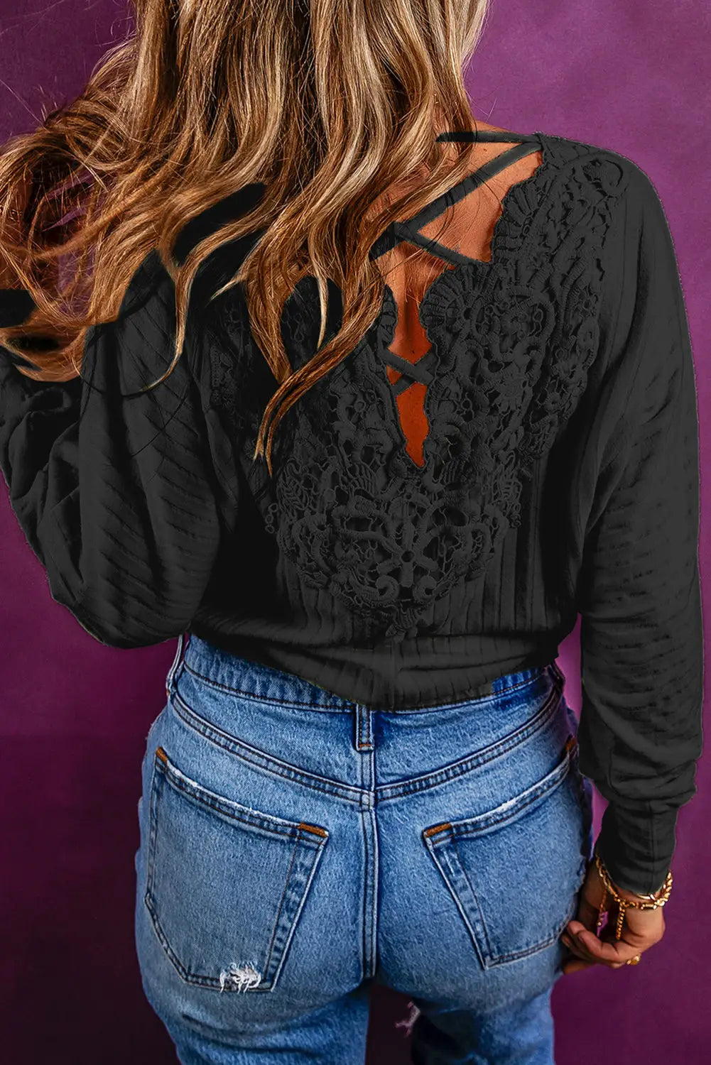 Black lace-up crochet open back ribbed top - l / 95% polyester + 5% elastane - long sleeve tops