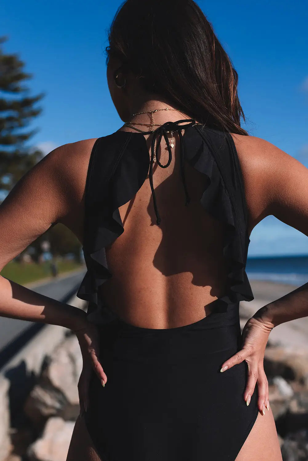 Black lace-up ruffled open back one-piece swimwear