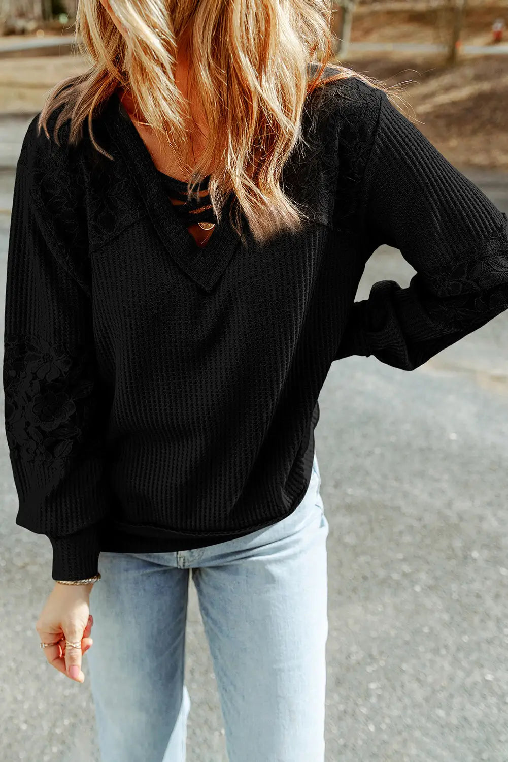 Black lace waffle patchwork strappy v neck long sleeve top -