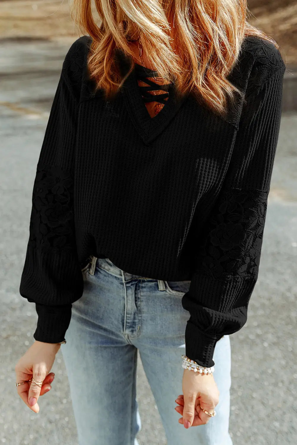 Black lace waffle patchwork strappy v neck long sleeve top - tops