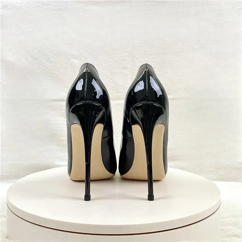 Black lacquer leather high heels stiletto shoes - 12cm / 33 - pumps