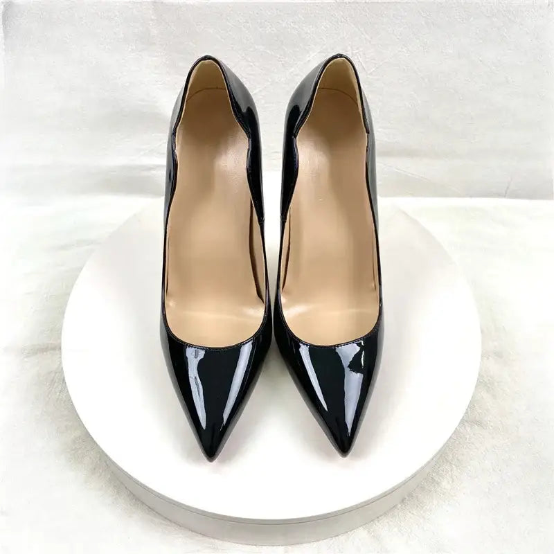 Black lacquer leather high heels stiletto shoes - pumps