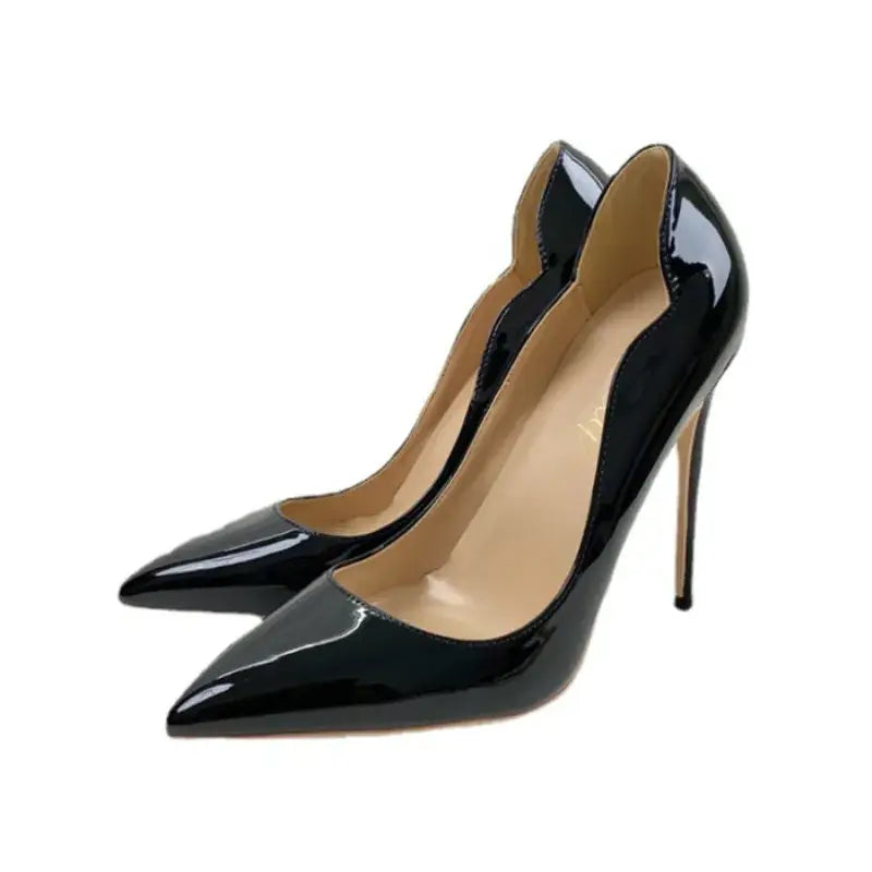Black lacquer leather high heels stiletto shoes - pumps