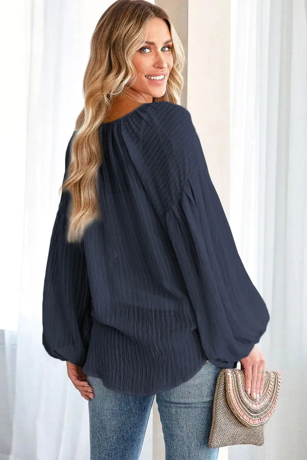 Black lantern sleeve stripe tassel drawstring blouse - tops