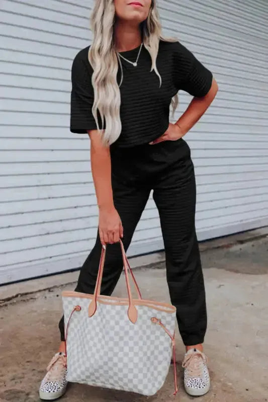 Black Lattice Textured Cropped Tee and Jogger Pants Set - Fashionfitz