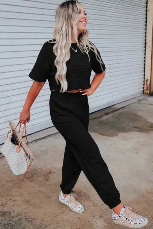 Black Lattice Textured Cropped Tee and Jogger Pants Set - Fashionfitz