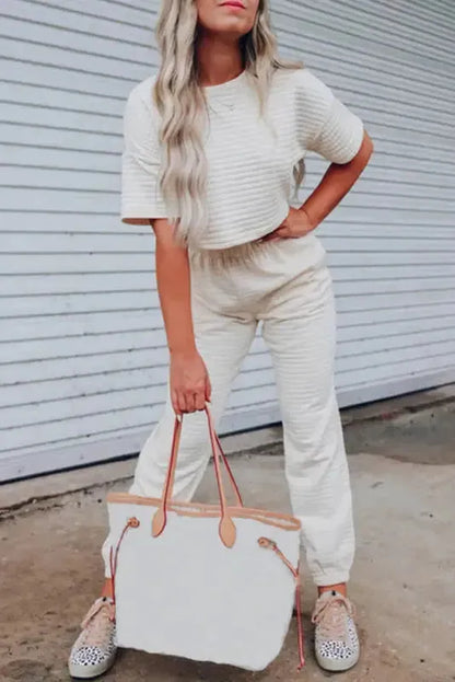 Black Lattice Textured Cropped Tee and Jogger Pants Set - Fashionfitz