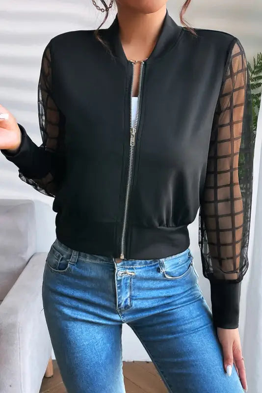 Black latticed mesh sleeve zip up bomber jacket - lightweight jackets