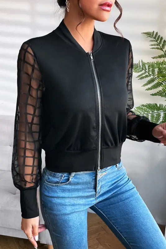 Black latticed mesh sleeve zip up bomber jacket - lightweight jackets