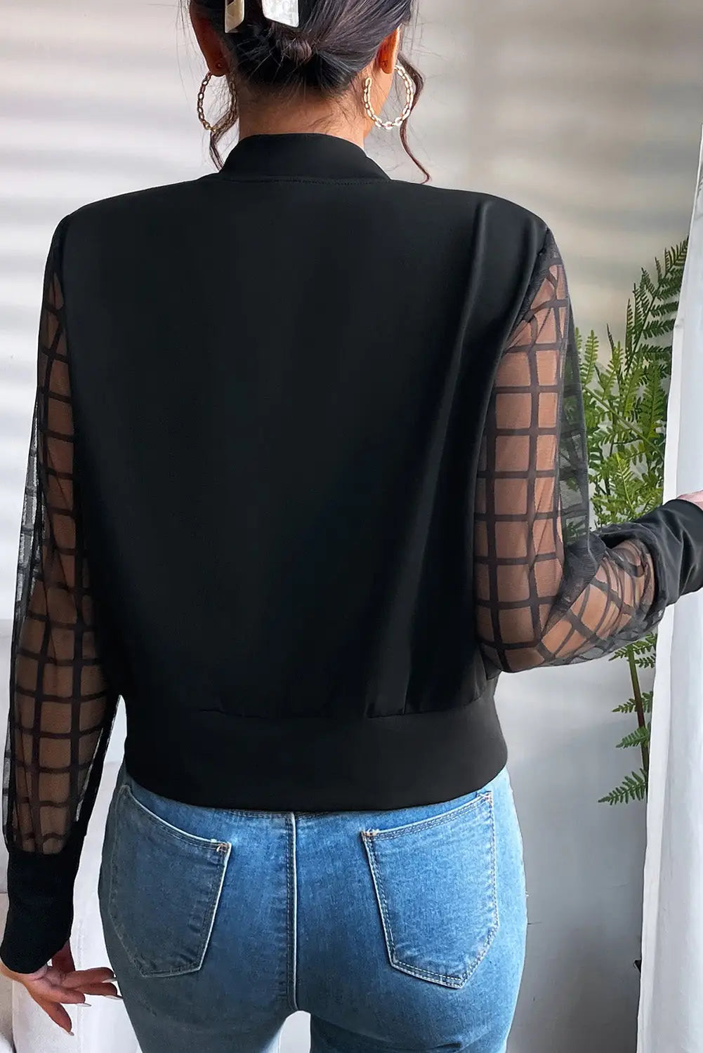 Black latticed mesh sleeve zip up bomber jacket - lightweight jackets