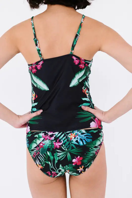 Black leaf & flower print ruched tankini set - tankinis