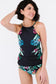 Black leaf & flower print ruched tankini set - tankinis