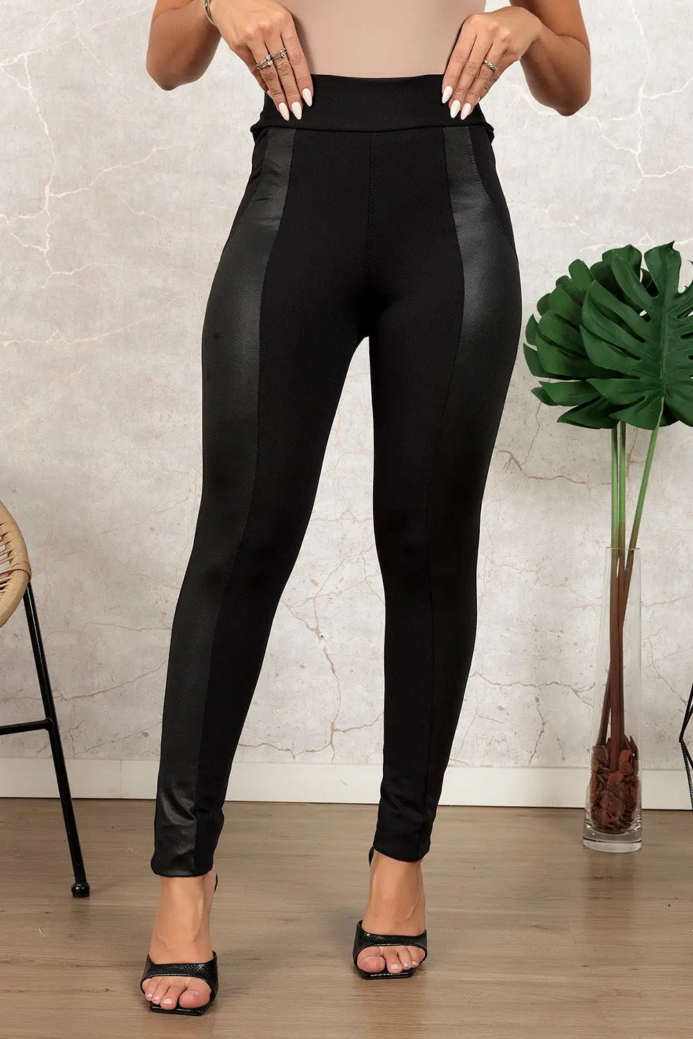 Black leather panel patchwork high waist leggings - s / 95% polyester + 5% elastane