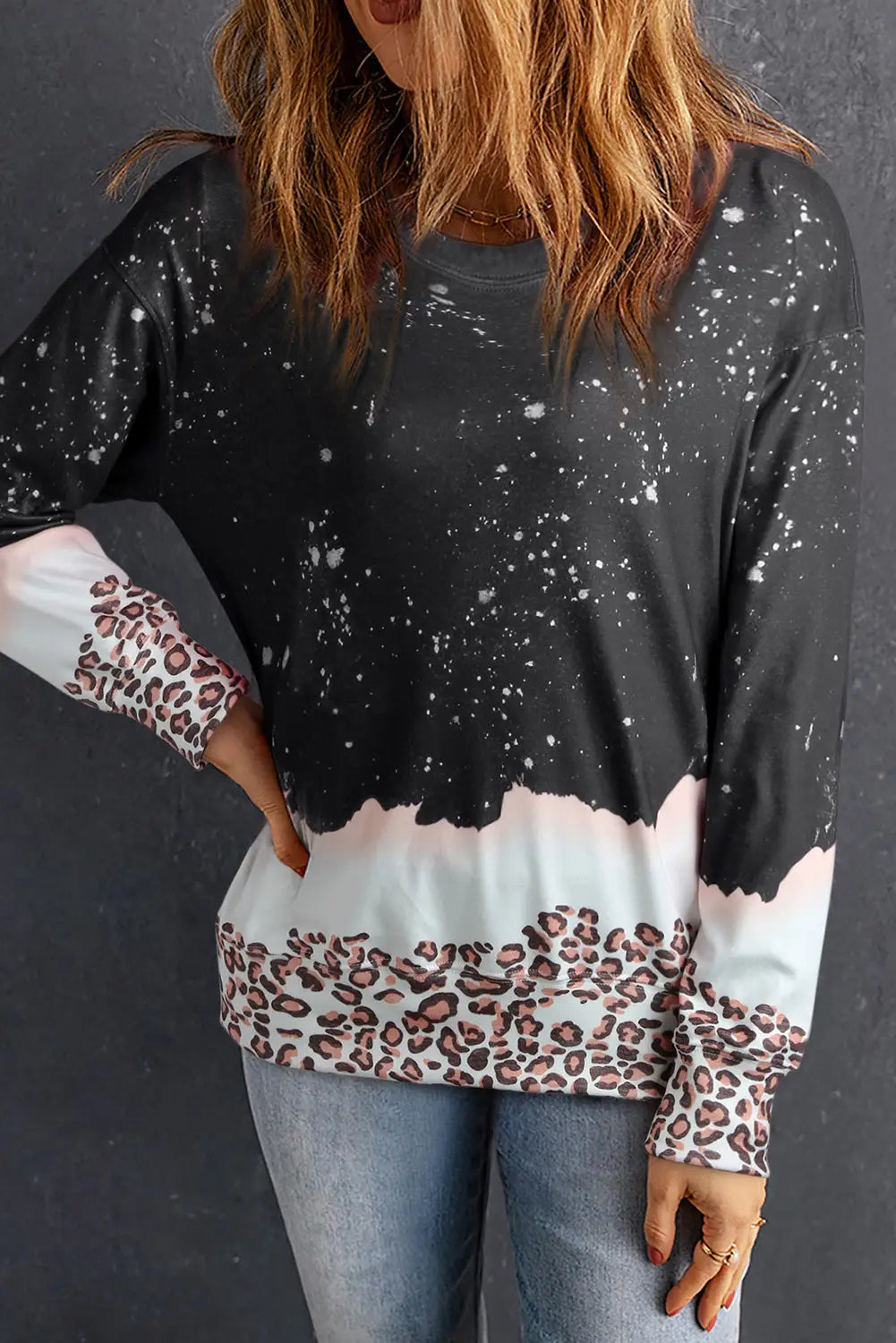 Black leopard bleached pullover sweatshirt - s / 95% polyester + 5% elastane - sweatshirts & hoodies
