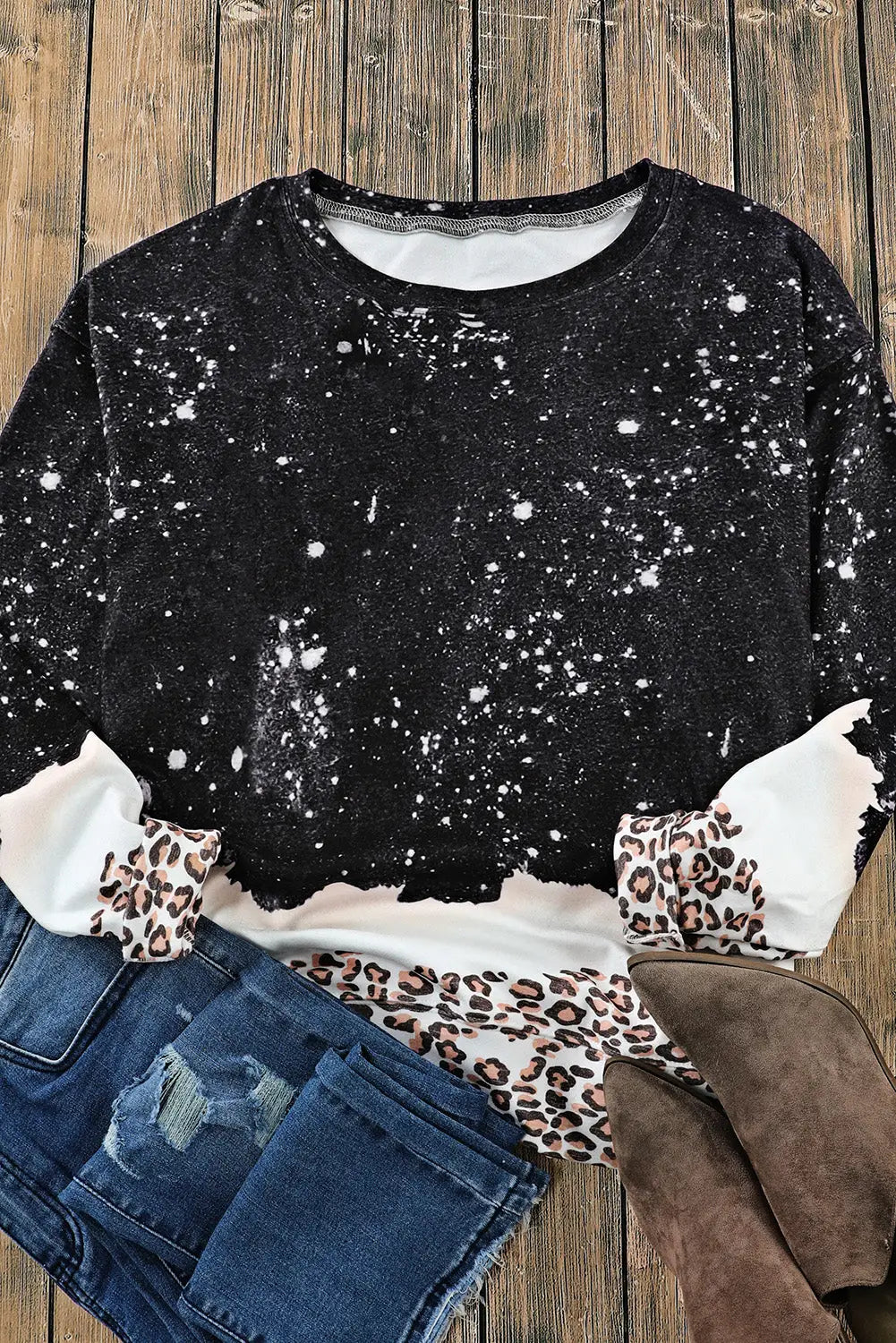 Black leopard bleached pullover sweatshirt - tops
