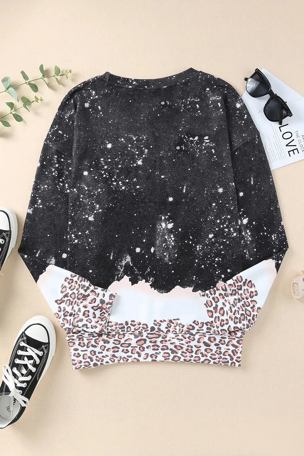 Black leopard bleached pullover sweatshirt - tops
