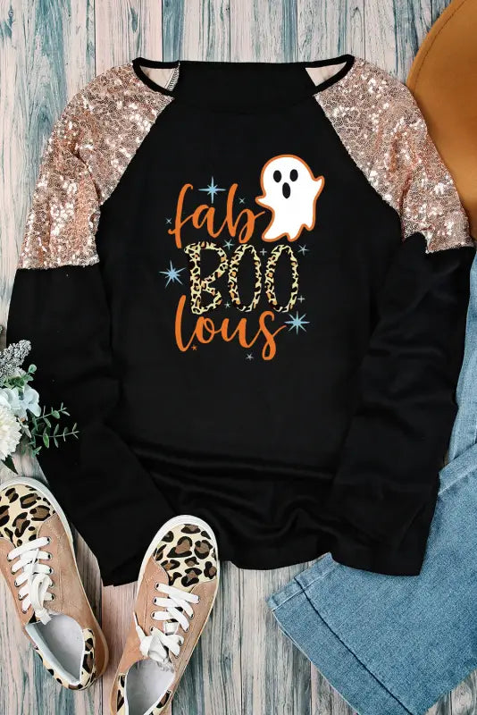 Black leopard boo ghost graphic sequin raglan sleeve top - tops