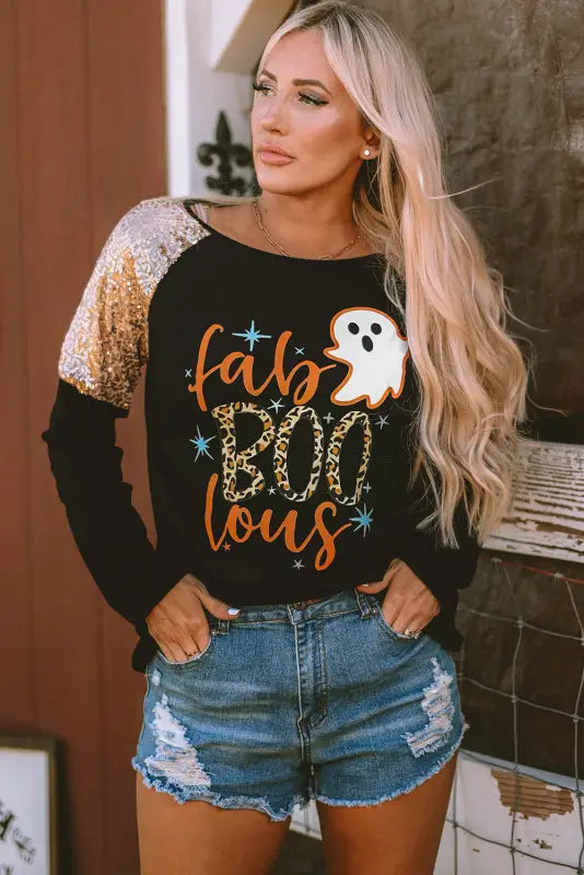 Black leopard boo ghost graphic sequin raglan sleeve top - tops