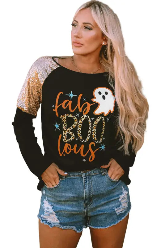 Black leopard boo ghost graphic sequin raglan sleeve top - tops