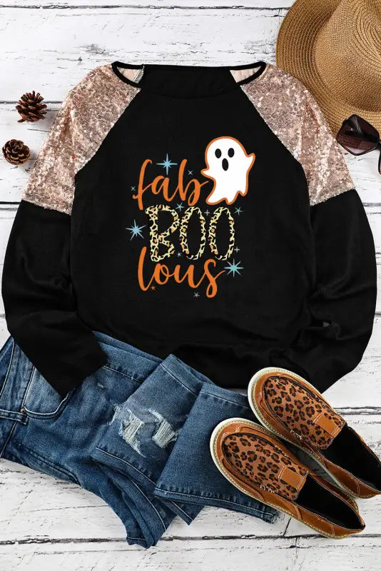 Black leopard boo ghost graphic sequin raglan sleeve top - tops