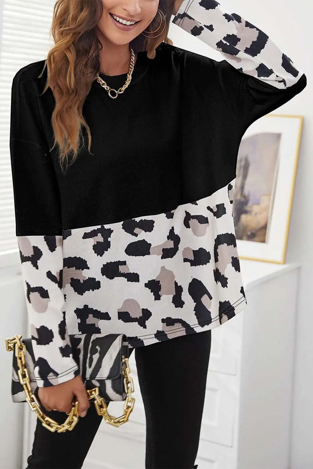 Black leopard color block long sleeve top - s /