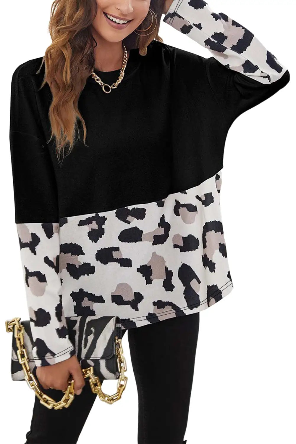 Black leopard color block long sleeve top - tops
