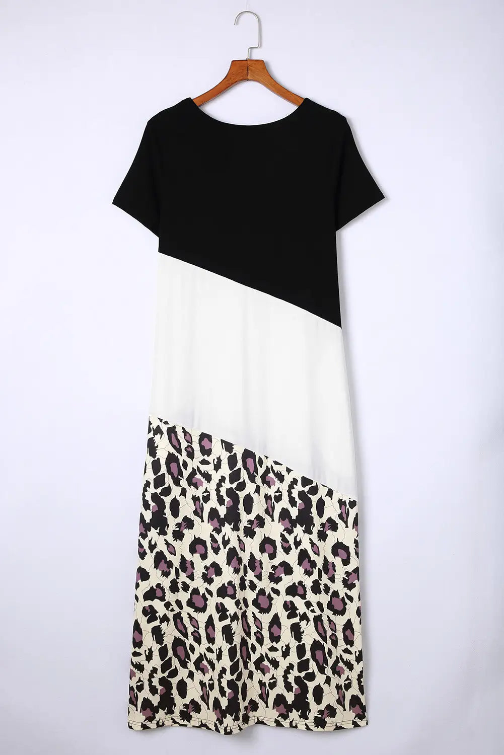 Black leopard color block side slit t shirt maxi dress - dresses