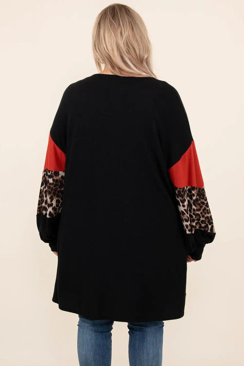 Black leopard color block sleeve plus size cardigan