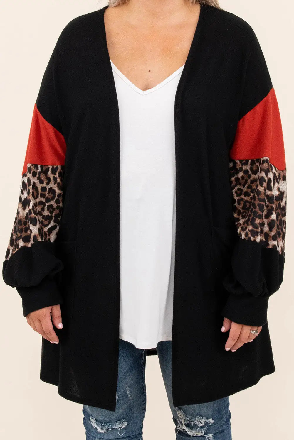 Black leopard color block sleeve plus size cardigan