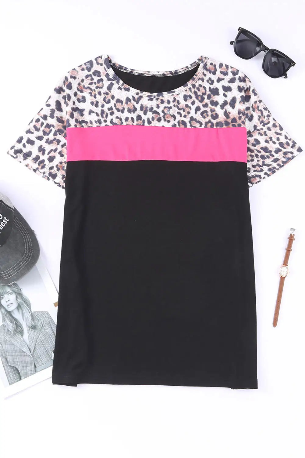 Black leopard colorblock splicing t-shirt - tops