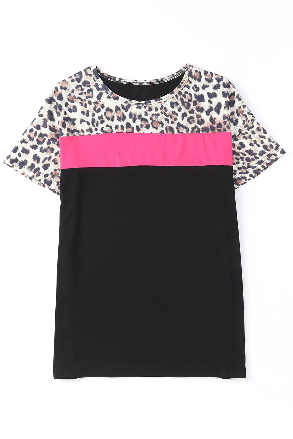 Black leopard colorblock splicing t-shirt - tops