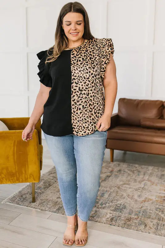 Black leopard contrast block flutter sleeve plus size top