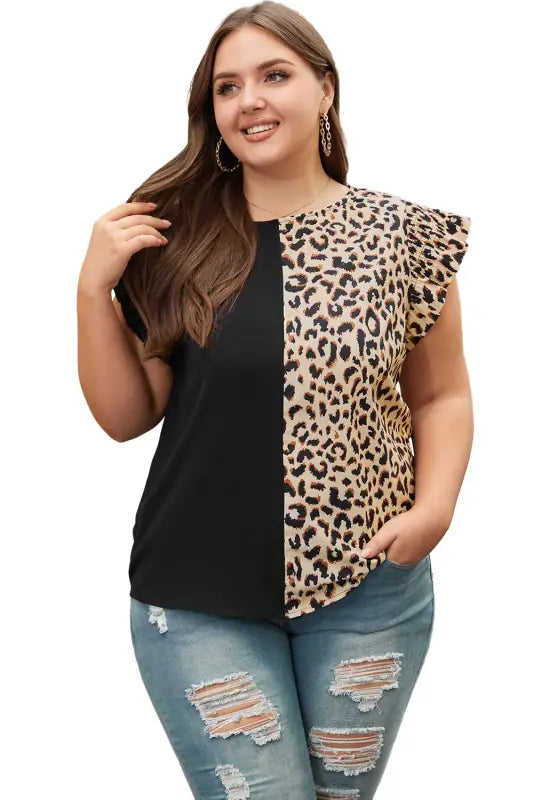 Black leopard contrast block flutter sleeve plus size top