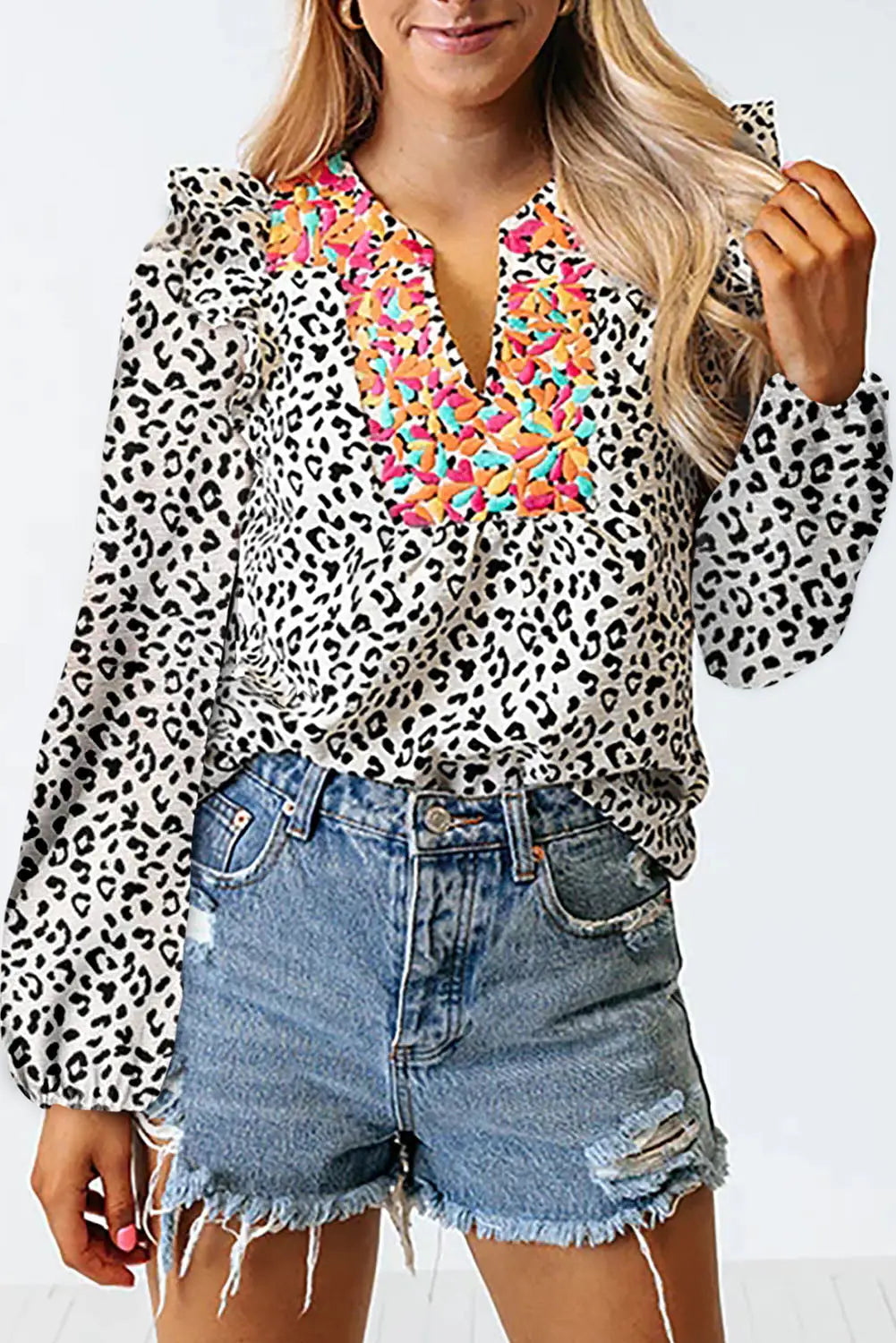 Black leopard floral patchwork v neck ruffled blouse - l / 95% polyester + 5% elastane - blouses & shirts